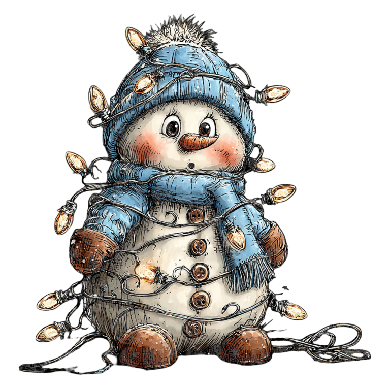 Snowman christmas lights tangled around a cheerful snowman in blue knit hat and scarf, Grey Barn Handwerk, Saskatchewan.